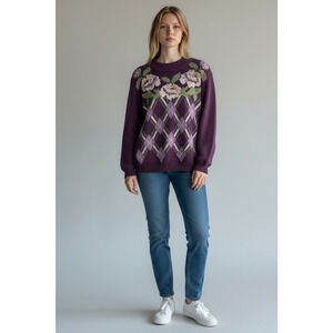 Vintage Alfred Dunner‎ Purle Knit Floral Argyle Cottagecore Sweater Plus Size 1X